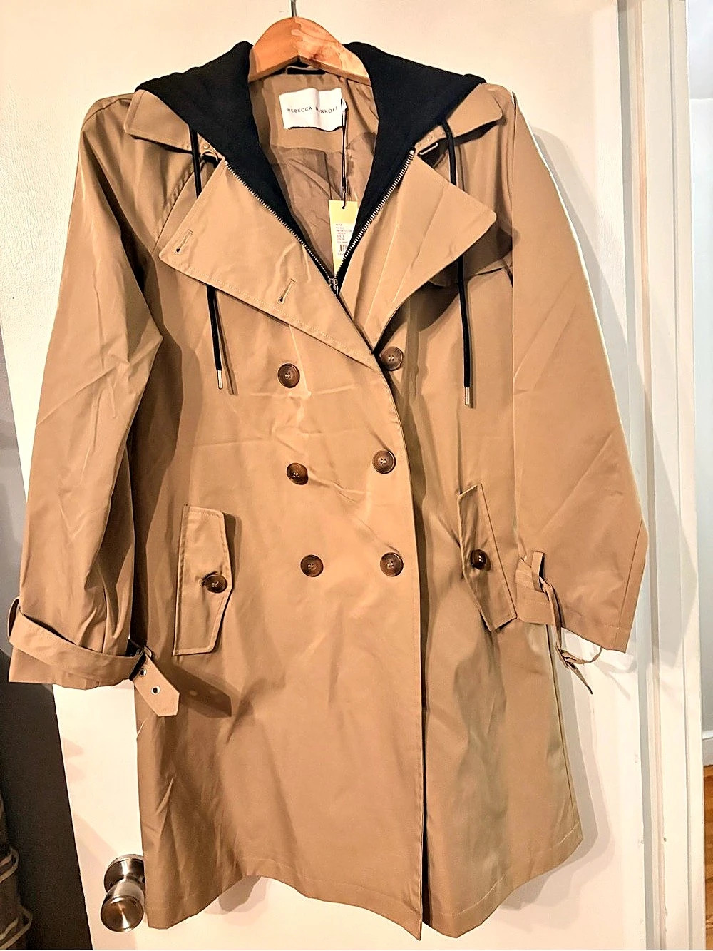 Rebecca Minkoff DB Fleece Bib Trench Hooded Trench Coat in Brown Size Small NWT